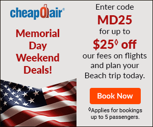 Memorial Day Weekend Deals! Can't wait for Memorial Day? Start planning your trip today! Enter code MD25 for up to $25 off our fees on flights and be ready to take off